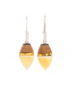 earrings made of amber and wood on silver hooks