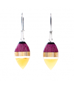 earrings made of amber and violet wood on silver hooks.