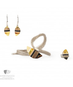 Earrings, pendant and ring with amber and wood.