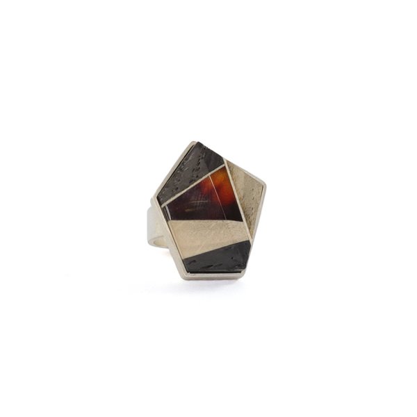 GEOMETRY Ring, baltic amber + wood + Sterling silver, dark orange grey black, by Amberwood Marta Wlodarska 