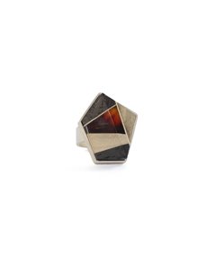 GEOMETRY Ring, baltic amber + wood + Sterling silver, dark orange grey black, by Amberwood Marta Wlodarska 