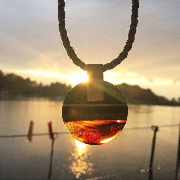 Pendant made of amber and wood on silver.