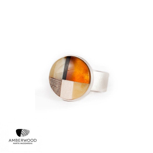 MOSAIC S Art-Déco inspired Ring, baltic amber + wood + Sterling silver, orange brown, by Amberwood Marta Wlodarska