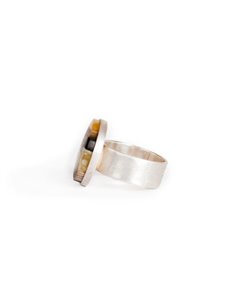 MOSAIC S Art-Déco inspired Ring, baltic amber + wood + Sterling silver, orange brown, by Amberwood Marta Wlodarska 