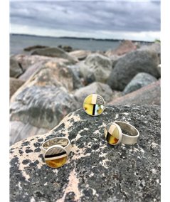 MOSAIC S Art-Déco inspired Ring, baltic amber + wood + Sterling silver, orange brown, by Amberwood Marta Wlodarska 