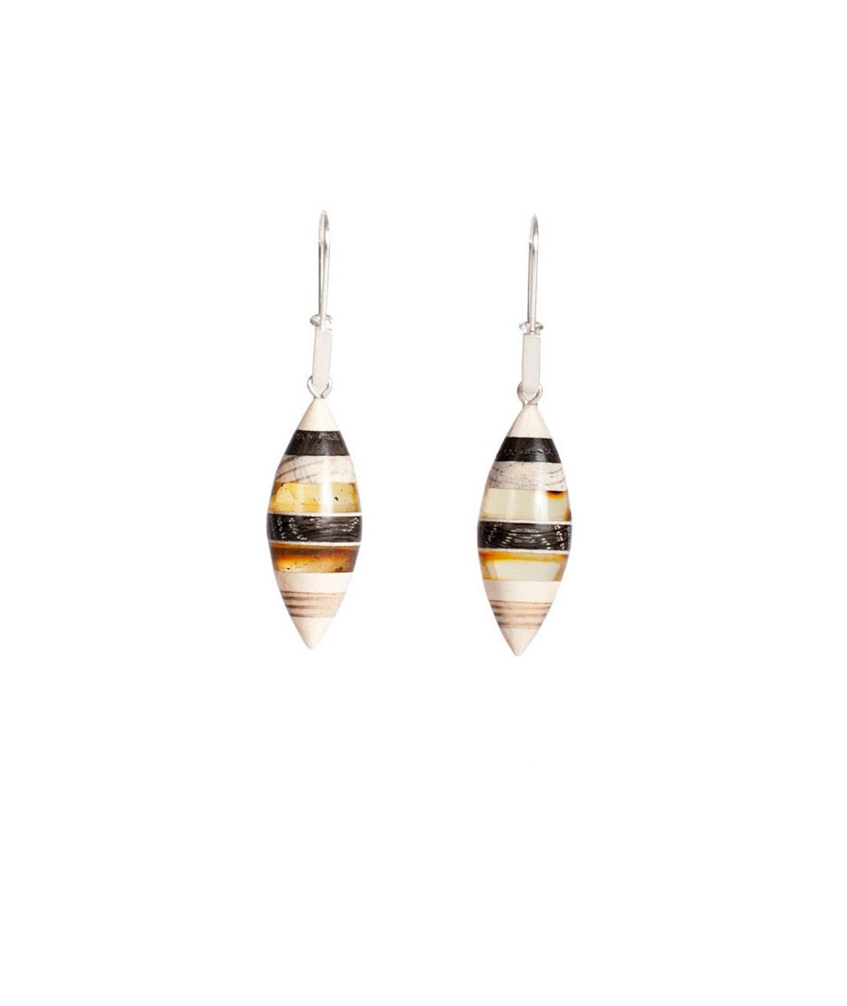 Earrings made of amber and wood on silver hooks.