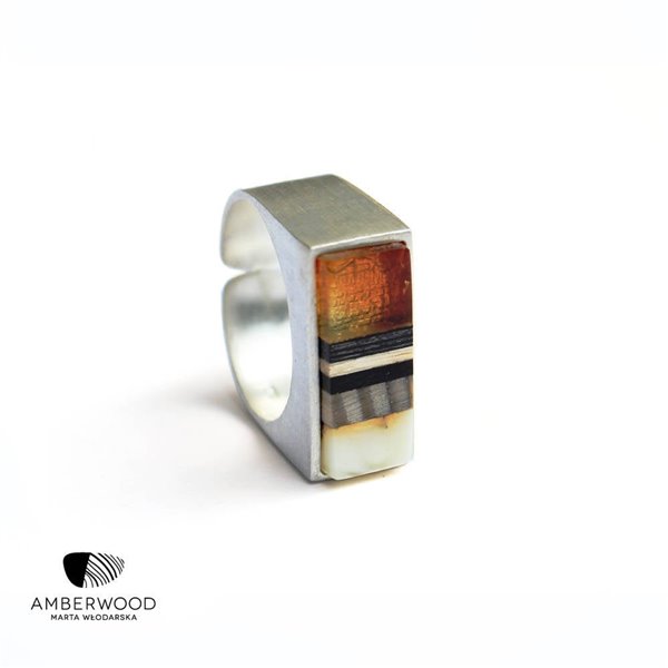 SILVER Ring baltic amber + wood + Sterling silver, handmade by Amberwood Marta Wlodarska - 