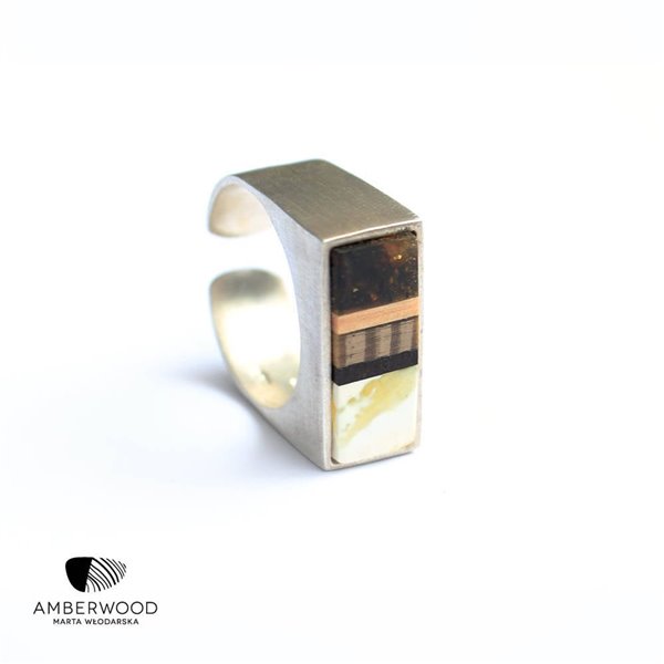 Ring SIMPLE baltic amber, wood and silver