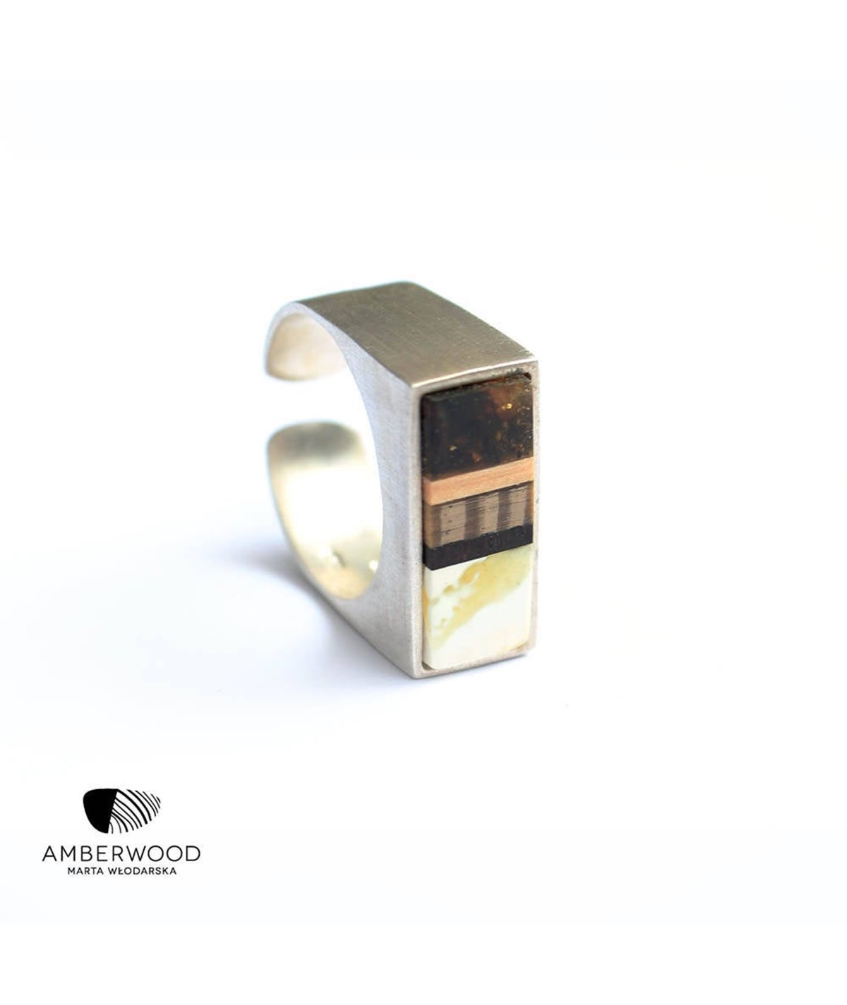 SILVER Ring baltic amber + wood + Sterling silver, handmade, Amberwood Marta Wlodarska