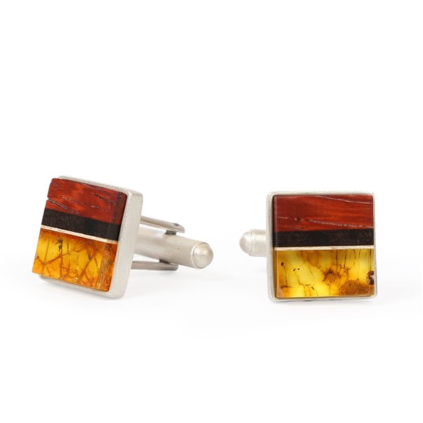 Cufflinks handmade from natural baltic amber, exotic red wood and sterling silver. Mens jewellery. 