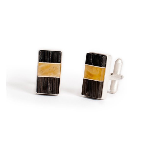 Cufflinks handmade of baltic amber, bog oak wood and sterling silver, by Amberwood Marta Wlodarska, 