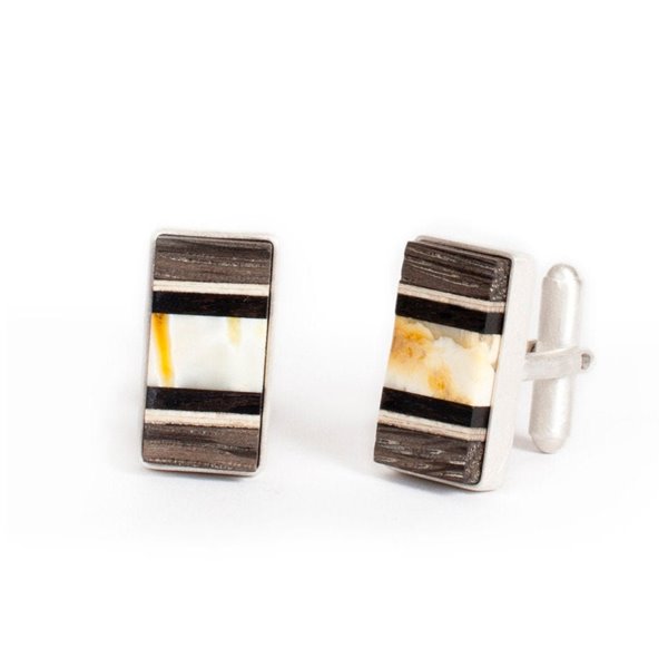Rectangle cufflinks with rare white baltic amber, wood and Sterling silver, handmade by Amberwood Marta Wlodarska