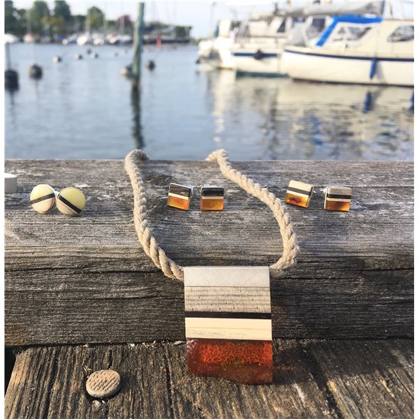 SIMPLE S necklace baltic amber + wood + sterling silver, orange black, by Amberwood Marta Wlodarska