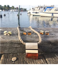 SIMPLE S necklace baltic amber + wood + sterling silver, orange black, by Amberwood Marta Wlodarska