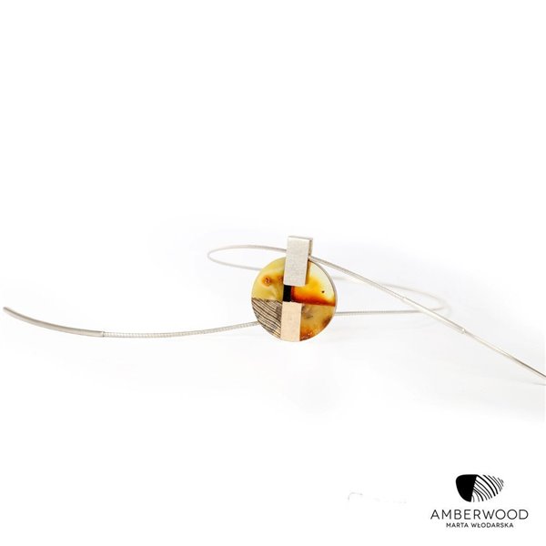 MOSAIC Art-Deco inspired necklace, baltic amber + wood + silver, orange grey, by Amberwood Marta Wlodarska
