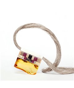MOSAIC Art Déco inspired necklace, amber + wood +silver, yellow purple, by Amberwood Marta Wlodarska