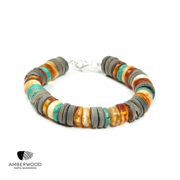 UNIQUE Bracelet baltic amber + turquoise + rainbow shell + silver, by Amberwood Marta Wlodarska