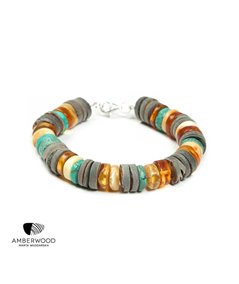 UNIQUE Bracelet baltic amber + turquoise + rainbow shell + silver, by Amberwood Marta Wlodarska