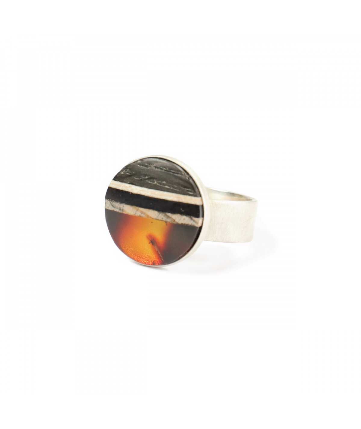 Sunset ring inspired by sunset with bog oak and red amber.